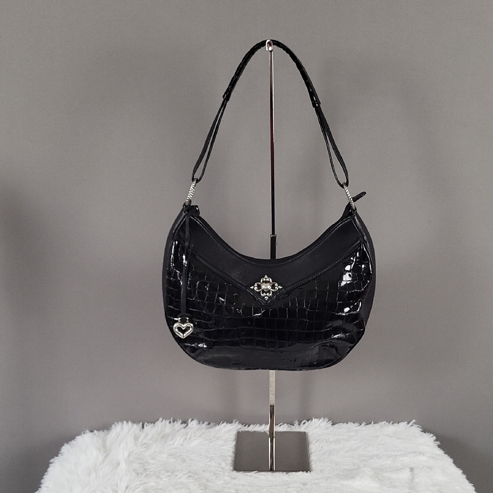 Brighton Black Croc-Embossed Shoulder Bag